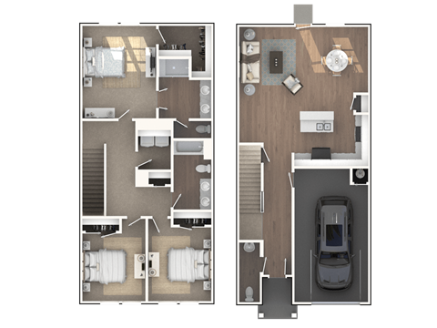 A floor plan of a two-story house with a garage.